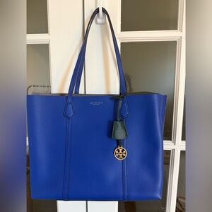 Tory Burch Blue Leather Tote Bag Large Triple Compartment Gold Hardware